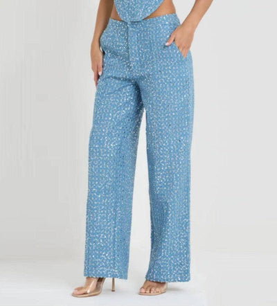 Fashion Denim Sequined Tube Top Wide Leg Pants Suit-3