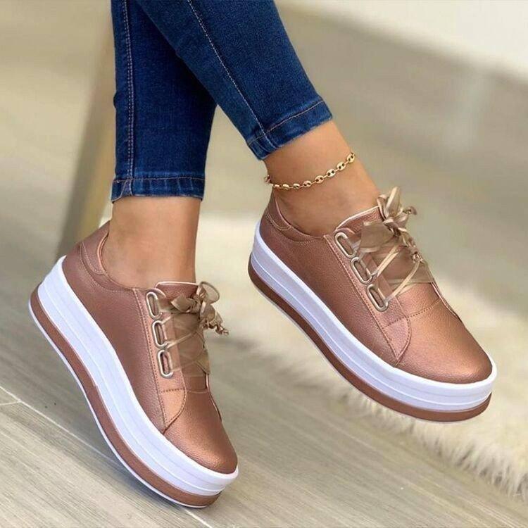 Fashion Flats Sneakers Women Ribbon Lace-up Platform Shoes-Rose gold-1