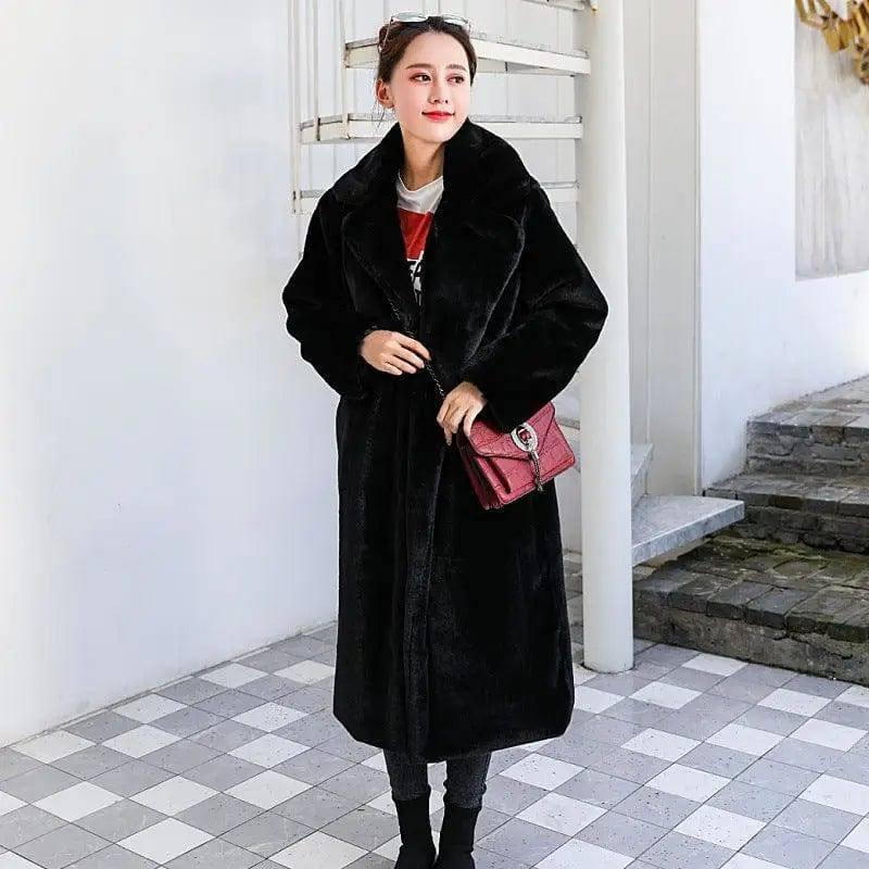 Fashion High Quality Velvet Fur Long Coat Women-Black-23