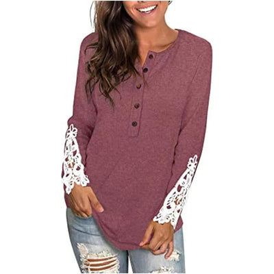 Fashion Lace T-shirt Top For Women-Purplish Red-2