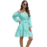 Fashion One-shoulder Long Sleeve Dress For Women Tie Waist Off-shoulder Bubble Dot Ruffle Design Chiffon Dress-Blue-10