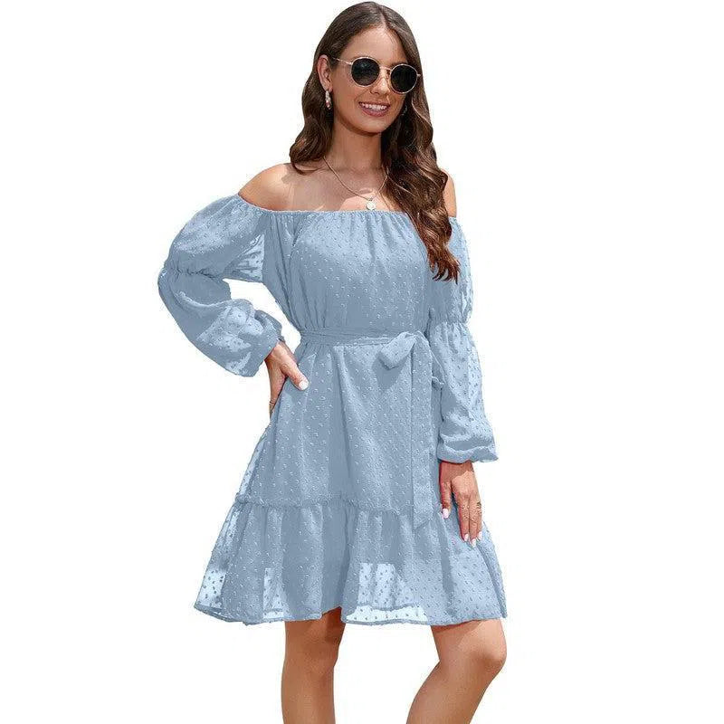 Fashion One-shoulder Long Sleeve Dress For Women Tie Waist Off-shoulder Bubble Dot Ruffle Design Chiffon Dress-Sky Blue-2