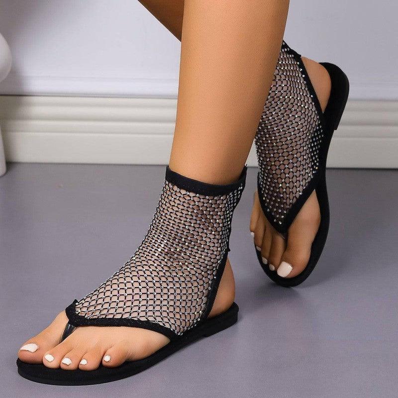 Fashion Rhinestone Mesh Thongs Sandals Summer Flat Shoes-5