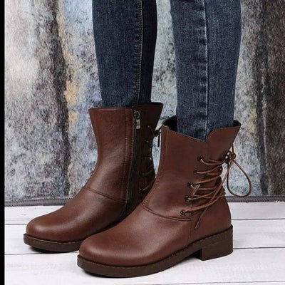 Fashion Round Head Belt Buckle Thick Heel Martin Boots Women-Dark brown-5