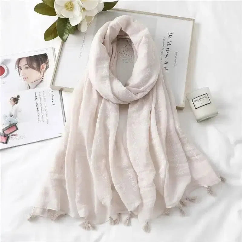 Fashion Tassel Cotton Linen Thin Yarn Scarf-3