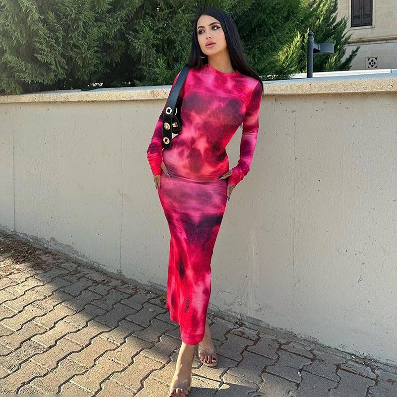 Fashion Tie-dye Long-sleeved Dress Slim Fit Hip-hugging Long-Pink-4