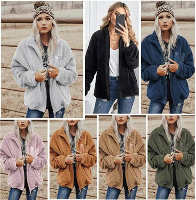 Fashion Women's Zipper Loose Thick Woolen Coat-1