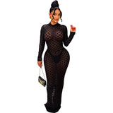 Fashionable and sexy see-through round neck long sleeve slit-Black-2