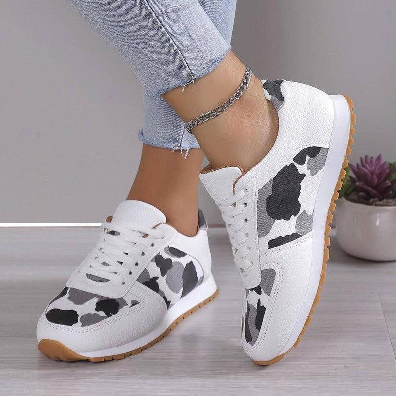 Fashoin Leopard Print Lace-up Sports Shoes For Women Sneakers Casual Running Walking Flat Shoes-White-3