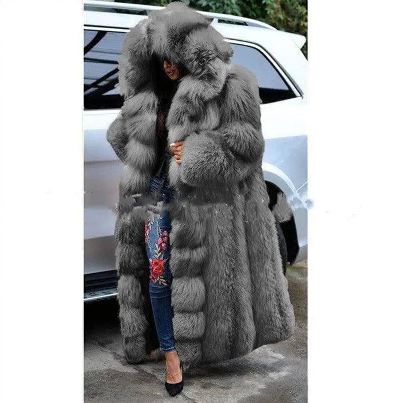 Faux Fur Coat Women Long Hooded Fur Coat-Grey-3