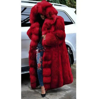 Faux Fur Coat Women Long Hooded Fur Coat-Red-4