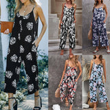 Flowers Print Suspender Jumpsuit With Pockets Spring Summer-1