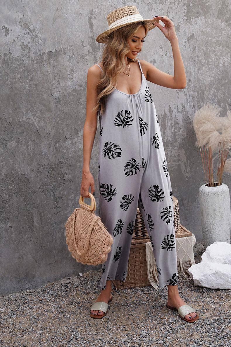 Flowers Print Suspender Jumpsuit With Pockets Spring Summer-Grey-6