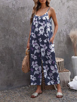 Flowers Print Suspender Jumpsuit With Pockets Spring Summer Fashion Round-neck Overalls For Womens Clothing-Navy Blue-7