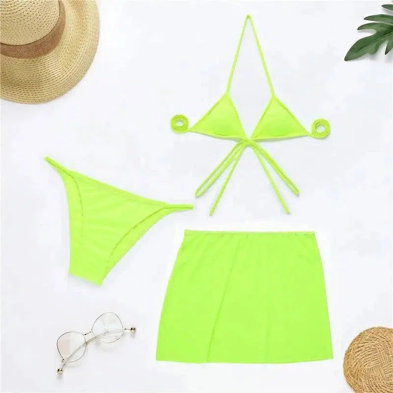 Fluorescent Color Three-piece Swimsuit Bikini Set-Green-2