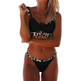 Fold Lace Comfortable Sexy Solid Color Split Swimsuit-Black-5