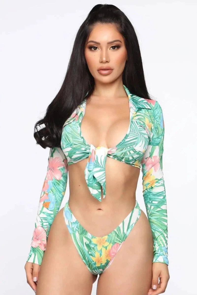 Foreign Trade High Waist Long Sleeve Printed Bikini-1