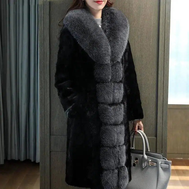 Fox Fur Collar Mink Women's Coat-Black grey-6