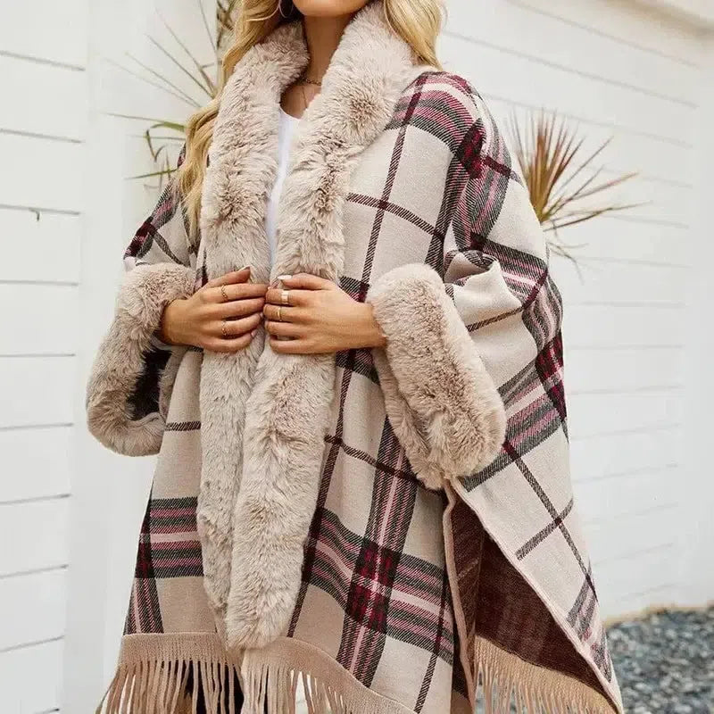 Fringe Cardigan Plaid Shawl Sweater Women's Dress-Beige-6