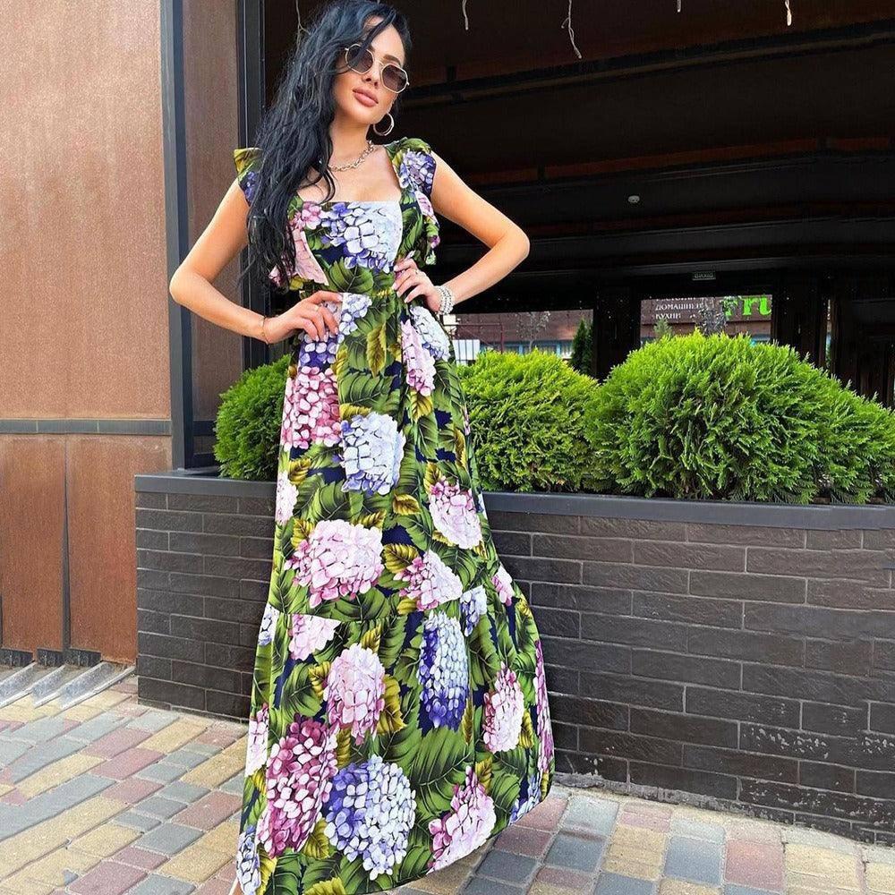 Green Floral Sleeveless Backless Dress-5