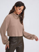 High Collar Long Sleeve Knitted Solid Loose Sweater For-Khaki-4