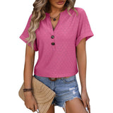 New Hollow Circle Design T-shirt V-neck Button Solid Color Short-sleeved T-shirt Tops For Womens Clothing-Pink-3