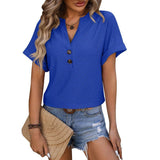 New Hollow Circle Design T-shirt V-neck Button Solid Color Short-sleeved T-shirt Tops For Womens Clothing-Color Blue-6