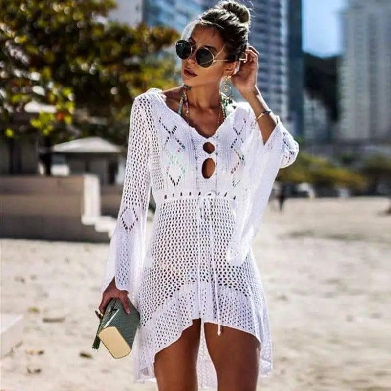 Hollow Lace-Up Beach Long Skirt Bikini Sunscreen Blouse-White-2