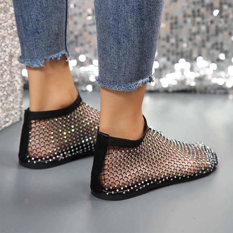 Hollow Rhinestone Flat Sandals-4