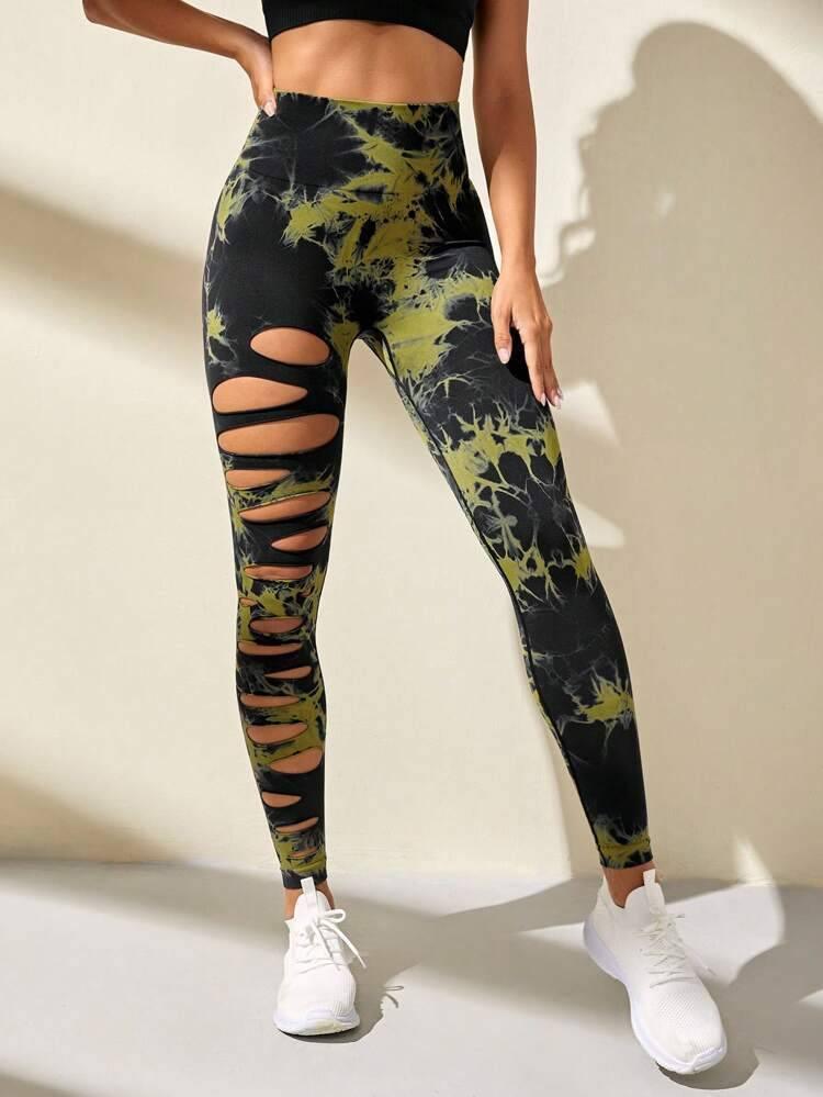 Hollow Tie-dye Yoga Pants High Waist Hip Lift Fitness Pants-Tie Bleached Green-15