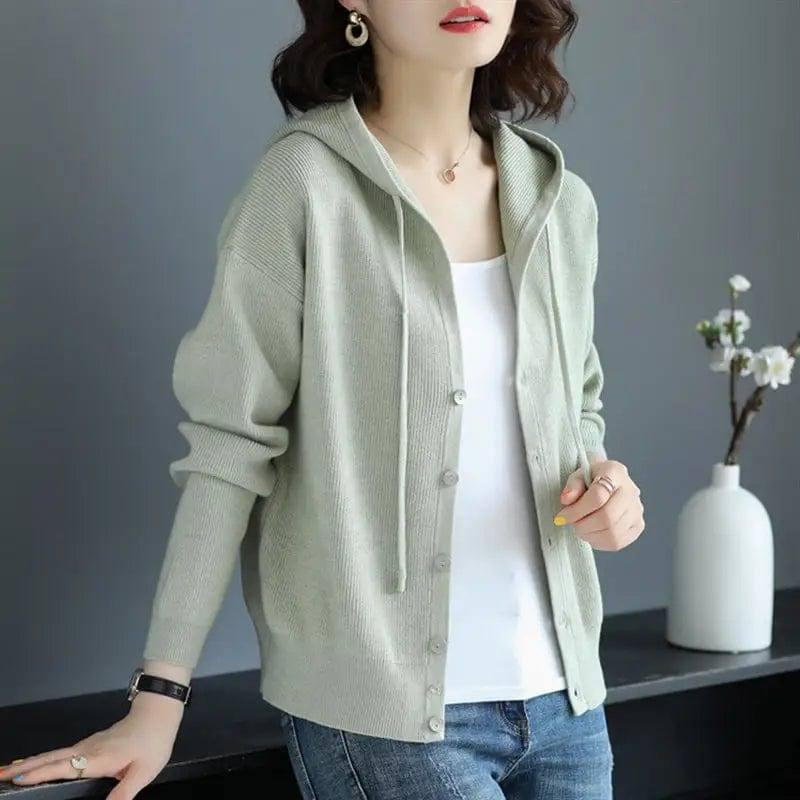 Hooded Sweater Coat Women Long Sleeve Single-breasted-Green-2