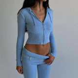 Hoodie Suit Women Leisure Zip Long Sleeve Sweater And High Waist Long Pants Set-Blue top-10