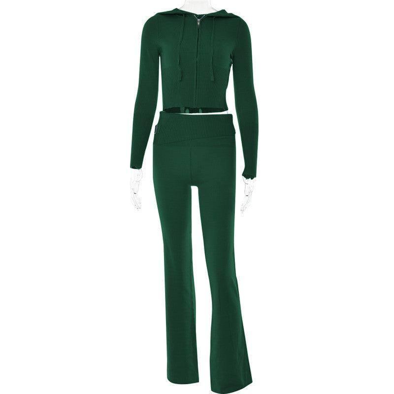 Hoodie Suit Women Leisure Zip Long Sleeve Sweater And High Waist Long Pants Set-Green suit-19