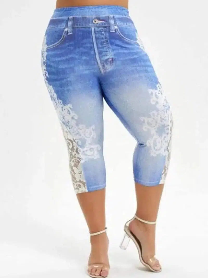 Imitation Denim Lace Stitching Print Leggings Woman-Light Blue-4