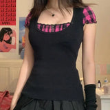 Korean Kawaii Patchwork Women T-shirt Y2K Aesthetic Vintage-10