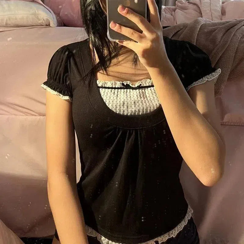 Korean Kawaii Patchwork Women T-shirt Y2K Aesthetic Vintage-Type 1-4