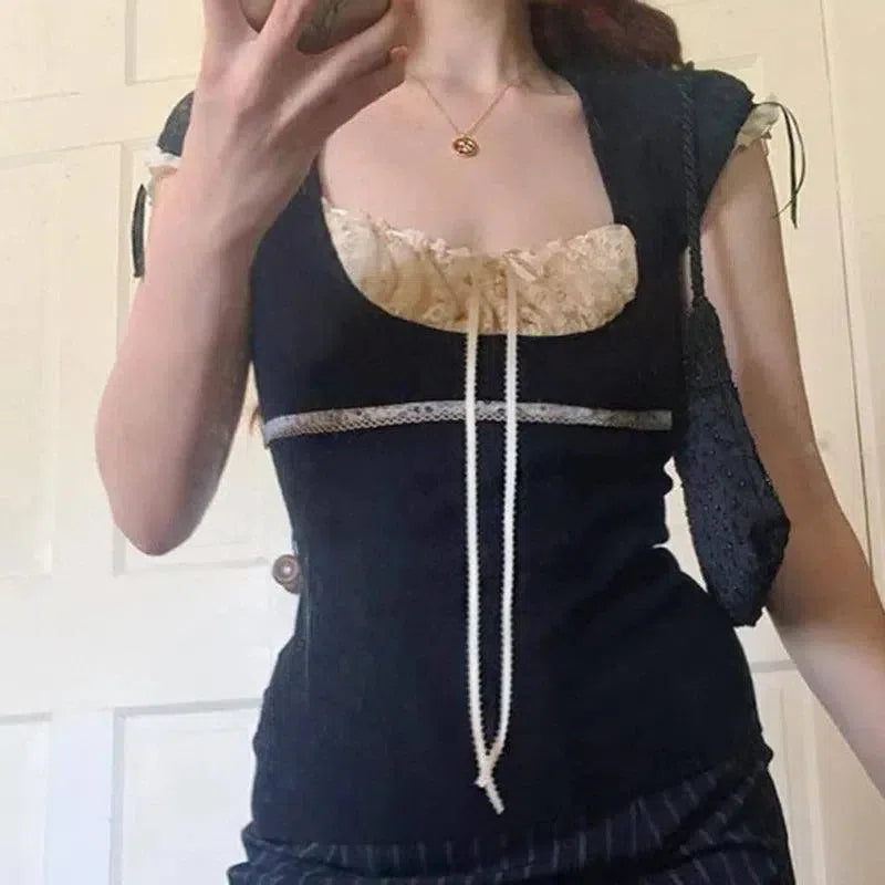 Korean Kawaii Patchwork Women T-shirt Y2K Aesthetic Vintage-9