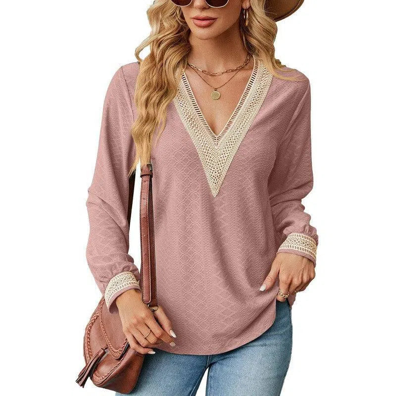 Lace Stitching V-neck T-shirt Loose Long-sleeved Solid Color Top For Women-Leather Pink-8