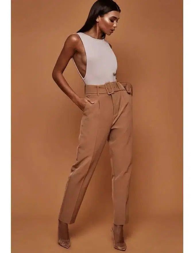 ladies autumn casual pants high waist solid color nine-Khaki-23