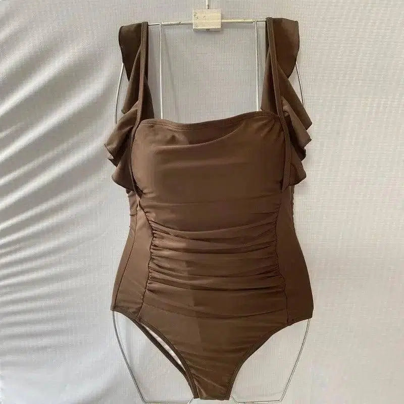 Ladies One-Piece Triangle Solid Color Sweet Ruffle Swimsuit-Coffee-4