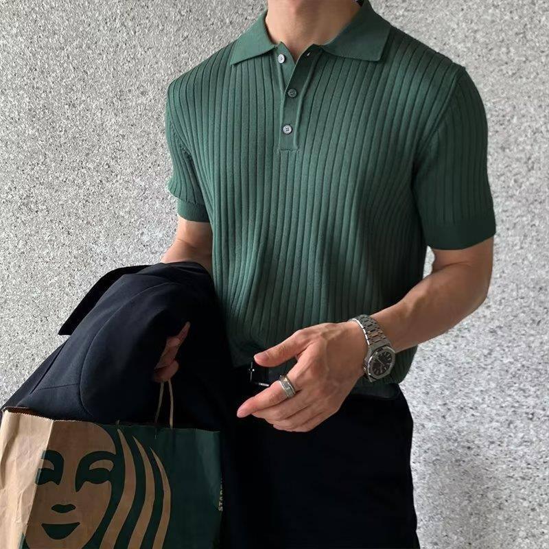 Lapel Polo Shirt Men's Fashion Brand Casual Summer Texture Solid Color Korean Style Knitwear Short Sleeve T-shirt-7