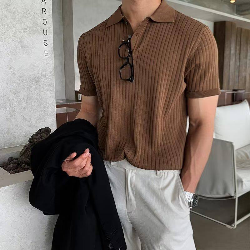 Lapel Polo Shirt Men's Fashion Brand Casual Summer Texture Solid Color Korean Style Knitwear Short Sleeve T-shirt-8