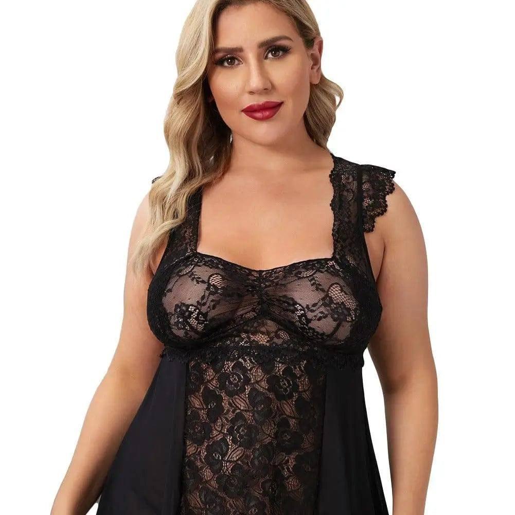 Large Size Sexy Lingerie Lace Back See-through Pajamas-Black-2