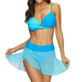 Large Size Swimsuit Three-piece Underwire Gather Bikini-Blue-2