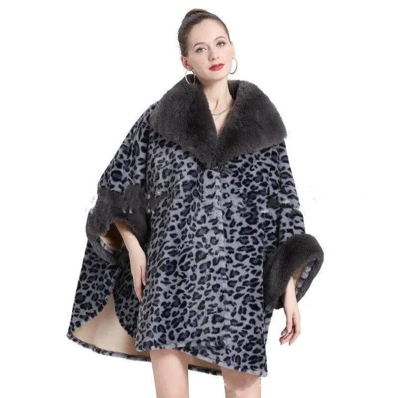 Leopard Print Big Hair Leader Mouth Cardigan Cape Women-4