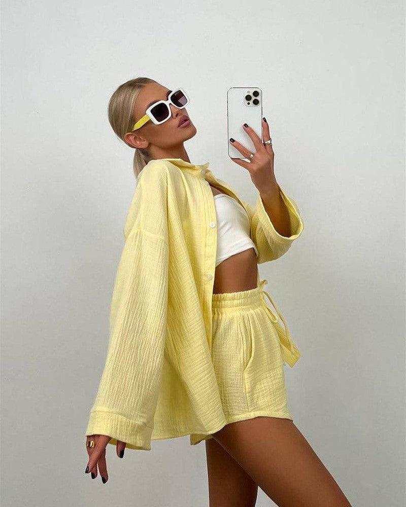 Long Sleeve Shirt Shorts Suit Women-Yellow-9