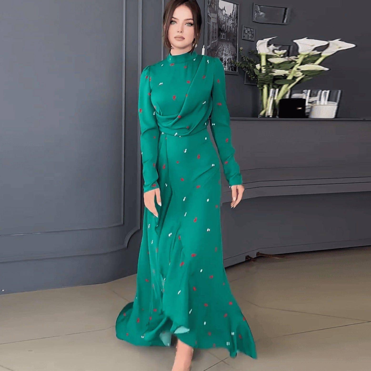 Long Sleeve Slim Fit Ruffled Large Swing Dress-IQ445 Green-8