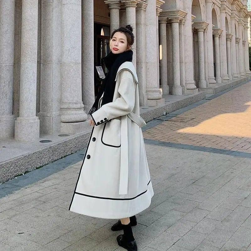 Loose And Thickened Temperament Woolen Coat Mid-length-Creamywhite-3