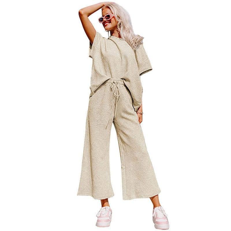 Loose Short Sleeve Trousers Suit-Apricot-5