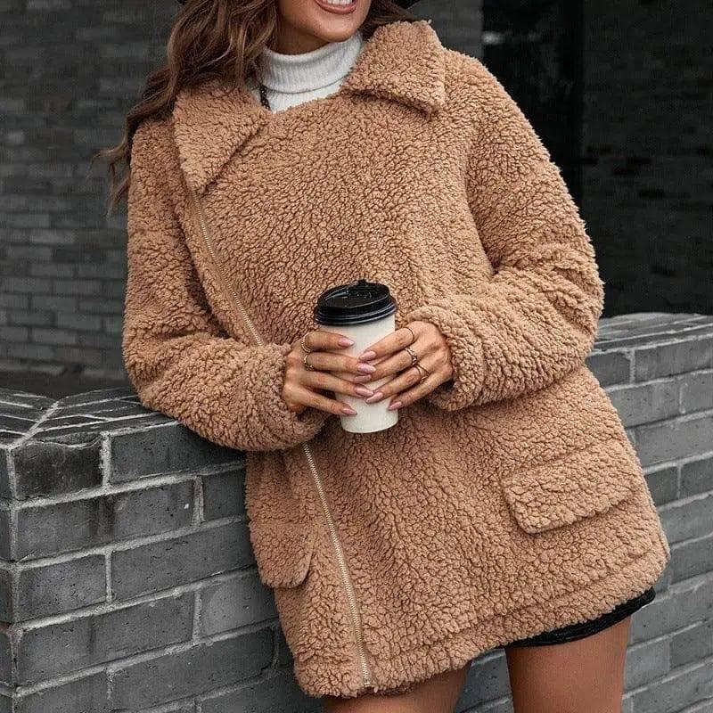 Loose Thickened Bubble Fleece Zipper Plush Coat-Camel-3